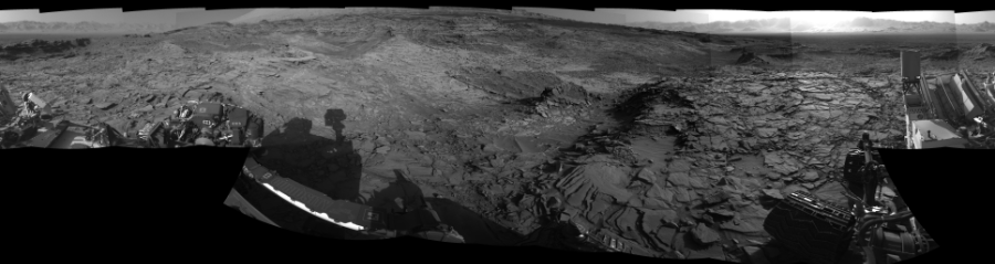 NASA's Mars rover Curiosity took 19 images in Gale Crater using its mast-mounted Left Navigation Camera (Navcam) to create this mosaic. The seam-corrected mosaic provides a 360-degree cylindrical-perspective projection panorama of the Martian surface suitable for stereo viewing, centered at 40 degrees azimuth (measured clockwise from north). This single-eye view must be combined with the partner right image to be viewed in stereo.  Curiosity took the images on November 02, 2015, Sol 1151 of the Mars Science Laboratory mission at drive 1222, site number 50. The local mean solar time for the image exposures was 4 PM. Each Navcam image has a 45-degree field of view. CREDIT: NASA/JPL-Caltech