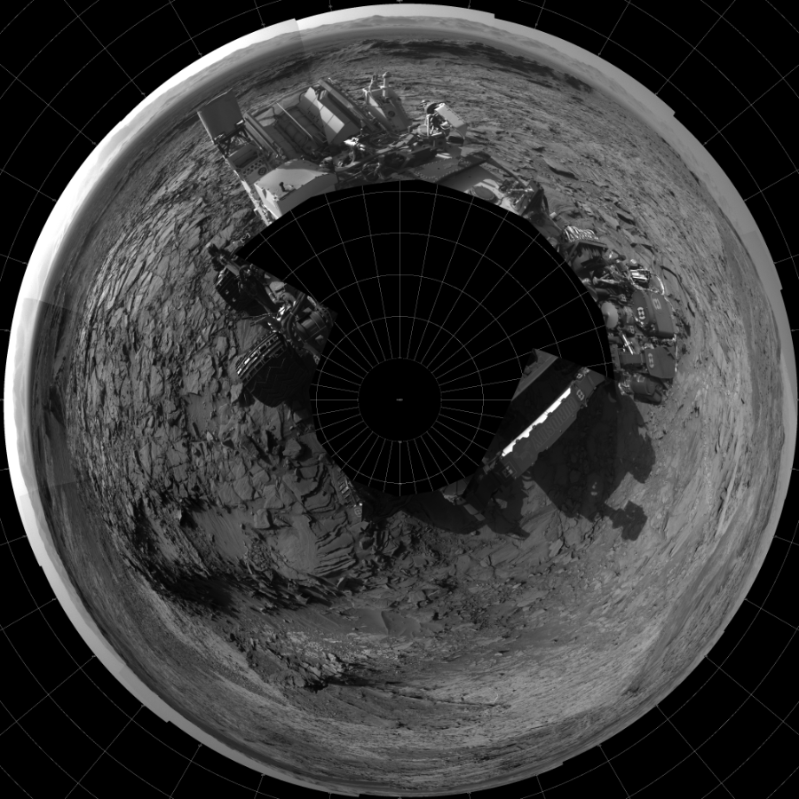 NASA's Mars rover Curiosity took 19 images in Gale Crater using its mast-mounted Left Navigation Camera (Navcam) to create this mosaic. The seam-corrected mosaic provides a polar stereographic projection panorama of the Martian surface with 0 degrees azimuth (measured clockwise from north) at the top of the image. Curiosity took the images on November 02, 2015, Sol 1151 of the Mars Science Laboratory mission at drive 1222, site number 50. The local mean solar time for the image exposures was 4 PM. Each Navcam image has a 45-degree field of view. CREDIT: NASA/JPL-Caltech