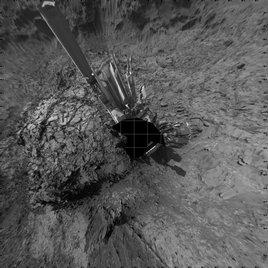 NASA's Mars rover Curiosity took 19 images in Gale Crater using its mast-mounted Left Navigation Camera (Navcam) to create this mosaic. The seam-corrected mosaic provides a vertical projection of the Martian surface near the rover, covering an area of 20 meters (north/south) by 20 meters (east/west). North is up in the image. This projection provides an overhead view, but introduces distortion for items not on the surface, such as large rocks and the rover itself.  Curiosity took the images on November 02, 2015, Sol 1151 of the Mars Science Laboratory mission at drive 1222, site number 50. The local mean solar time for the image exposures was 4 PM. Each Navcam image has a 45-degree field of view. CREDIT: NASA/JPL-Caltech