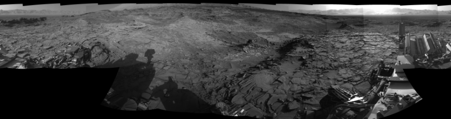 NASA's Mars rover Curiosity took 19 images in Gale Crater using its mast-mounted Right Navigation Camera (Navcam) to create this mosaic. The seam-corrected mosaic provides a 0-degree cylindrical-perspective projection panorama of the Martian surface suitable for stereo viewing, centered at 215 degrees azimuth (measured clockwise from north). This single-eye view must be combined with the partner left image to be viewed in stereo.  Curiosity took the images on November 02, 2015, Sol 1151 of the Mars Science Laboratory mission at drive 1222, site number 50. The local mean solar time for the image exposures was 4 PM. Each Navcam image has a 45-degree field of view. CREDIT: NASA/JPL-Caltech