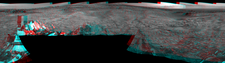 NASA's Mars rover Curiosity took 17 image pairs in Gale Crater using its mast-mounted Navigation Camera (Navcam) to create this mosaic. The seam-corrected mosaic provides a 360-degree cylindrical perspective projection panorama of the Martian surface suitable for stereo viewing, centered at 329 degrees azimuth (measured clockwise from north). This anaglyph must be viewed with red/blue glasses (red over left eye).  Curiosity took the images on November 04, 2015, Sol 1153 of the Mars Science Laboratory mission at drive 1624, site number 50. The local mean solar time for the image exposures was 4 PM. Each Navcam image has a 45-degree field of view. CREDIT: NASA/JPL-Caltech