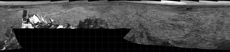 NASA's Mars rover Curiosity took 17 images in Gale Crater using its mast-mounted Left Navigation Camera (Navcam) to create this mosaic. The seam-corrected mosaic provides a 360-degree cylindrical projection panorama of the Martian surface centered at 180 degrees azimuth (measured clockwise from north). Curiosity took the images on November 04, 2015, Sol 1153 of the Mars Science Laboratory mission at drive 1624, site number 50. The local mean solar time for the image exposures was 4 PM. Each Navcam image has a 45 degree field of view. CREDIT: NASA/JPL-Caltech