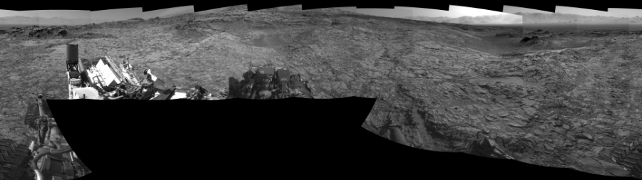 NASA's Mars rover Curiosity took 17 images in Gale Crater using its mast-mounted Left Navigation Camera (Navcam) to create this mosaic. The seam-corrected mosaic provides a 360-degree cylindrical-perspective projection panorama of the Martian surface suitable for stereo viewing, centered at 329 degrees azimuth (measured clockwise from north). This single-eye view must be combined with the partner right image to be viewed in stereo. Curiosity took the images on November 04, 2015, Sol 1153 of the Mars Science Laboratory mission at drive 1624, site number 50. The local mean solar time for the image exposures was 4 PM. Each Navcam image has a 45-degree field of view. CREDIT: NASA/JPL-Caltech