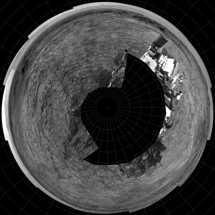 NASA's Mars rover Curiosity took 17 images in Gale Crater using its mast-mounted Left Navigation Camera (Navcam) to create this mosaic. The seam-corrected mosaic provides a polar stereographic projection panorama of the Martian surface with 0 degrees azimuth (measured clockwise from north) at the top of the image. Curiosity took the images on November 04, 2015, Sol 1153 of the Mars Science Laboratory mission at drive 1624, site number 50. The local mean solar time for the image exposures was 4 PM. Each Navcam image has a 45-degree field of view. CREDIT: NASA/JPL-Caltech