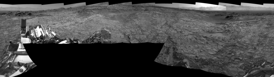 NASA's Mars rover Curiosity took 17 images in Gale Crater using its mast-mounted Right Navigation Camera (Navcam) to create this mosaic. The seam-corrected mosaic provides a 0-degree cylindrical-perspective projection panorama of the Martian surface suitable for stereo viewing, centered at 144 degrees azimuth (measured clockwise from north). This single-eye view must be combined with the partner left image to be viewed in stereo.  Curiosity took the images on November 04, 2015, Sol 1153 of the Mars Science Laboratory mission at drive 1624, site number 50. The local mean solar time for the image exposures was 4 PM. Each Navcam image has a 45-degree field of view. CREDIT: NASA/JPL-Caltech