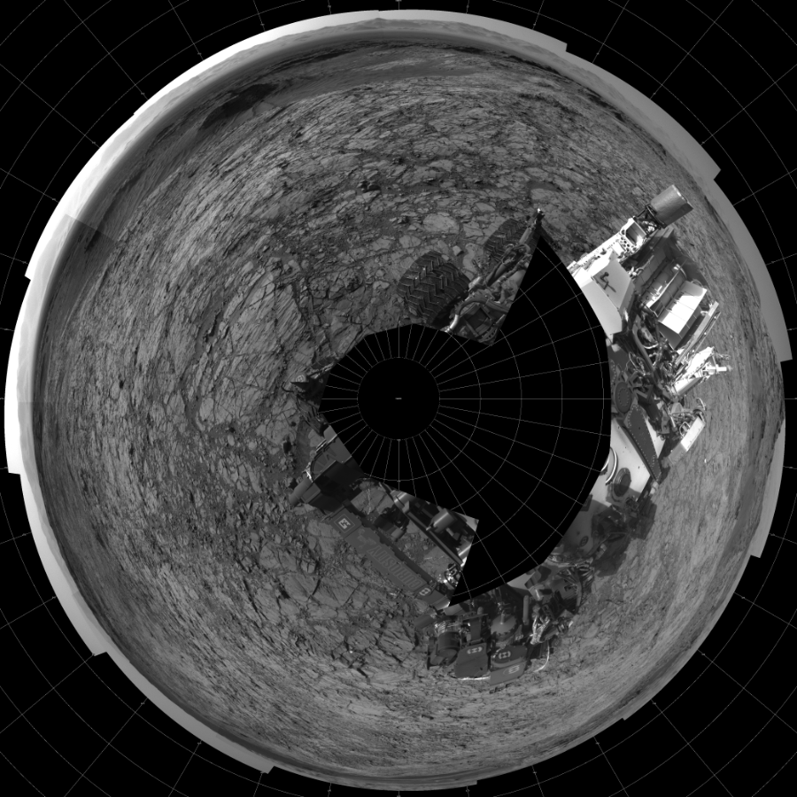 NASA's Mars rover Curiosity took 19 images in Gale Crater using its mast-mounted Left Navigation Camera (Navcam) to create this mosaic. The seam-corrected mosaic provides a polar stereographic projection panorama of the Martian surface with 0 degrees azimuth (measured clockwise from north) at the top of the image. Curiosity took the images on November 06, 2015, Sol 1155 of the Mars Science Laboratory mission at drive 1928, site number 50. The local mean solar time for the image exposures was 4 PM. Each Navcam image has a 45-degree field of view. CREDIT: NASA/JPL-Caltech