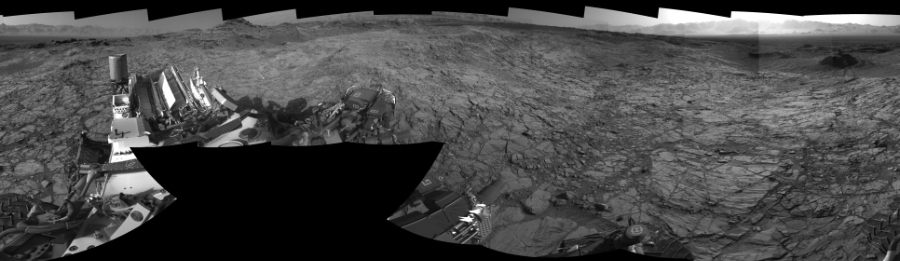 NASA's Mars rover Curiosity took 19 images in Gale Crater using its mast-mounted Right Navigation Camera (Navcam) to create this mosaic. The seam-corrected mosaic provides a 0-degree cylindrical-perspective projection panorama of the Martian surface suitable for stereo viewing, centered at 129 degrees azimuth (measured clockwise from north). This single-eye view must be combined with the partner left image to be viewed in stereo.  Curiosity took the images on November 06, 2015, Sol 1155 of the Mars Science Laboratory mission at drive 1928, site number 50. The local mean solar time for the image exposures was 4 PM. Each Navcam image has a 45-degree field of view. CREDIT: NASA/JPL-Caltech