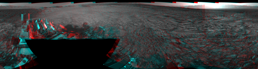 NASA's Mars rover Curiosity took 19 image pairs in Gale Crater using its mast-mounted Navigation Camera (Navcam) to create this mosaic. The seam-corrected mosaic provides a 360-degree cylindrical perspective projection panorama of the Martian surface suitable for stereo viewing, centered at 327 degrees azimuth (measured clockwise from north). This anaglyph must be viewed with red/blue glasses (red over left eye).  Curiosity took the images on November 11, 2015, Sol 1160 of the Mars Science Laboratory mission at drive 2772, site number 50. The local mean solar time for the image exposures was 4 PM. Each Navcam image has a 45-degree field of view. CREDIT: NASA/JPL-Caltech