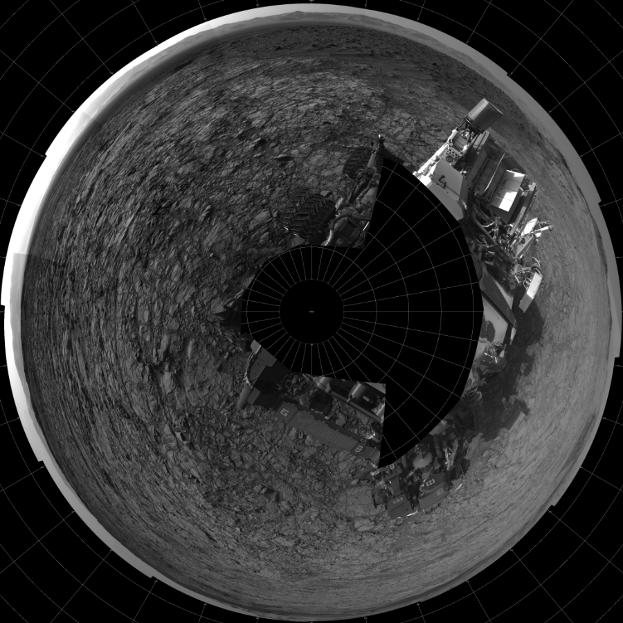 NASA's Mars rover Curiosity took 19 images in Gale Crater using its mast-mounted Left Navigation Camera (Navcam) to create this mosaic. The seam-corrected mosaic provides a polar stereographic projection panorama of the Martian surface with 0 degrees azimuth (measured clockwise from north) at the top of the image. Curiosity took the images on November 11, 2015, Sol 1160 of the Mars Science Laboratory mission at drive 2772, site number 50. The local mean solar time for the image exposures was 4 PM. Each Navcam image has a 45-degree field of view. CREDIT: NASA/JPL-Caltech