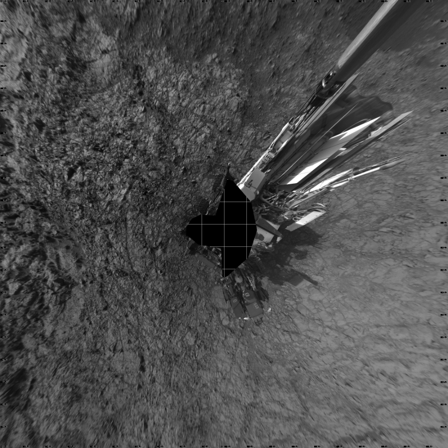 NASA's Mars rover Curiosity took 19 images in Gale Crater using its mast-mounted Left Navigation Camera (Navcam) to create this mosaic. The seam-corrected mosaic provides a vertical projection of the Martian surface near the rover, covering an area of 20 meters (north/south) by 20 meters (east/west). North is up in the image. This projection provides an overhead view, but introduces distortion for items not on the surface, such as large rocks and the rover itself.  Curiosity took the images on November 11, 2015, Sol 1160 of the Mars Science Laboratory mission at drive 2772, site number 50. The local mean solar time for the image exposures was 4 PM. Each Navcam image has a 45-degree field of view. CREDIT: NASA/JPL-Caltech