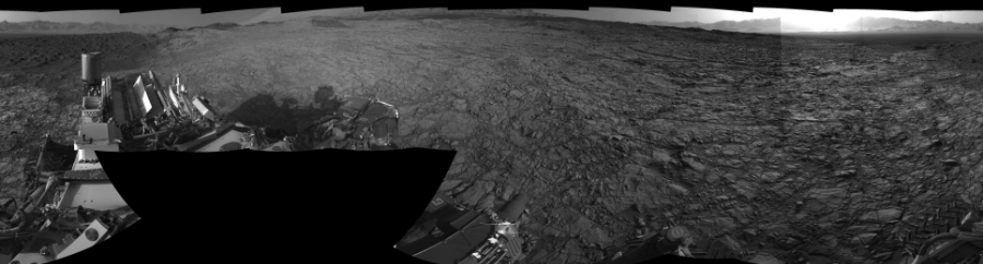NASA's Mars rover Curiosity took 19 images in Gale Crater using its mast-mounted Right Navigation Camera (Navcam) to create this mosaic. The seam-corrected mosaic provides a 0-degree cylindrical-perspective projection panorama of the Martian surface suitable for stereo viewing, centered at 142 degrees azimuth (measured clockwise from north). This single-eye view must be combined with the partner left image to be viewed in stereo.  Curiosity took the images on November 11, 2015, Sol 1160 of the Mars Science Laboratory mission at drive 2772, site number 50. The local mean solar time for the image exposures was 4 PM. Each Navcam image has a 45-degree field of view. CREDIT: NASA/JPL-Caltech