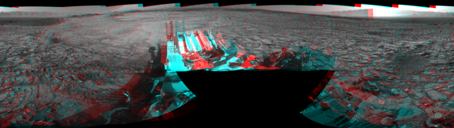 NASA's Mars rover Curiosity took 19 image pairs in Gale Crater using its mast-mounted Navigation Camera (Navcam) to create this mosaic. The seam-corrected mosaic provides a 360-degree cylindrical perspective projection panorama of the Martian surface suitable for stereo viewing, centered at 226 degrees azimuth (measured clockwise from north). This anaglyph must be viewed with red/blue glasses (red over left eye). Curiosity took the images on November 13, 2015, Sol 1162 of the Mars Science Laboratory mission at drive 3076, site number 50. The local mean solar time for the image exposures was from 3 PM to 4 PM. Each Navcam image has a 45-degree field of view. CREDIT: NASA/JPL-Caltech