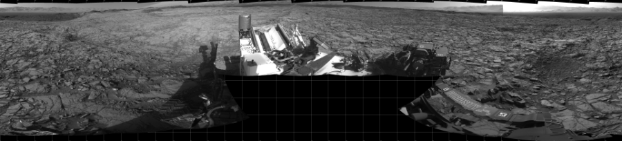 NASA's Mars rover Curiosity took 19 images in Gale Crater using its mast-mounted Left Navigation Camera (Navcam) to create this mosaic. The seam-corrected mosaic provides a 360-degree cylindrical projection panorama of the Martian surface centered at 180 degrees azimuth (measured clockwise from north). Curiosity took the images on November 13, 2015, Sol 1162 of the Mars Science Laboratory mission at drive 3076, site number 50. The local mean solar time for the image exposures was from 3 PM to 4 PM. Each Navcam image has a 45 degree field of view. CREDIT: NASA/JPL-Caltech