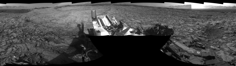 NASA's Mars rover Curiosity took 19 images in Gale Crater using its mast-mounted Left Navigation Camera (Navcam) to create this mosaic. The seam-corrected mosaic provides a 360-degree cylindrical-perspective projection panorama of the Martian surface suitable for stereo viewing, centered at 226 degrees azimuth (measured clockwise from north). This single-eye view must be combined with the partner right image to be viewed in stereo. Curiosity took the images on November 13, 2015, Sol 1162 of the Mars Science Laboratory mission at drive 3076, site number 50. The local mean solar time for the image exposures was from 3 PM to 4 PM. Each Navcam image has a 45-degree field of view. CREDIT: NASA/JPL-Caltech