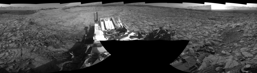 NASA's Mars rover Curiosity took 19 images in Gale Crater using its mast-mounted Right Navigation Camera (Navcam) to create this mosaic. The seam-corrected mosaic provides a 360-degree cylindrical-perspective projection panorama of the Martian surface suitable for stereo viewing, centered at 221 degrees azimuth (measured clockwise from north). This single-eye view must be combined with the partner left image to be viewed in stereo.  Curiosity took the images on November 13, 2015, Sol 1162 of the Mars Science Laboratory mission at drive 3076, site number 50. The local mean solar time for the image exposures was from 3 PM to 4 PM. Each Navcam image has a 45-degree field of view. CREDIT: NASA/JPL-Caltech