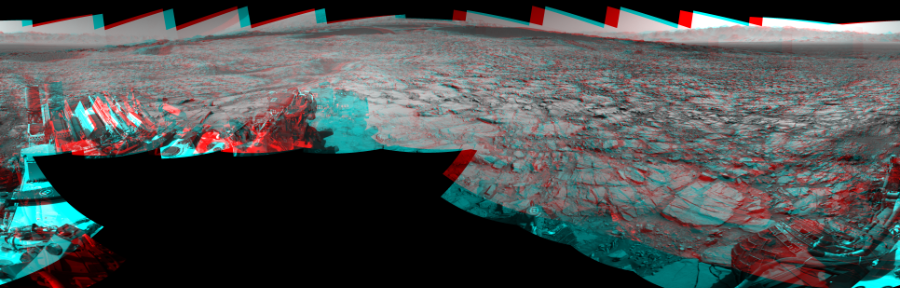 NASA's Mars rover Curiosity took 17 image pairs in Gale Crater using its mast-mounted Navigation Camera (Navcam) to create this mosaic. The seam-corrected mosaic provides a 360-degree cylindrical perspective projection panorama of the Martian surface suitable for stereo viewing, centered at 348 degrees azimuth (measured clockwise from north). This anaglyph must be viewed with red/blue glasses (red over left eye).  Curiosity took the images on November 18, 2015, Sol 1167 of the Mars Science Laboratory mission at drive 0, site number 51. The local mean solar time for the image exposures was from 2 PM to 3 PM. Each Navcam image has a 45-degree field of view. CREDIT: NASA/JPL-Caltech