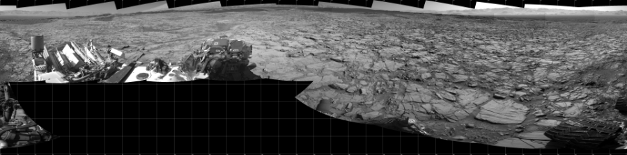 NASA's Mars rover Curiosity took 17 images in Gale Crater using its mast-mounted Left Navigation Camera (Navcam) to create this mosaic. The seam-corrected mosaic provides a 360-degree cylindrical projection panorama of the Martian surface centered at 180 degrees azimuth (measured clockwise from north). Curiosity took the images on November 18, 2015, Sol 1167 of the Mars Science Laboratory mission at drive 0, site number 51. The local mean solar time for the image exposures was from 2 PM to 3 PM. Each Navcam image has a 45 degree field of view. CREDIT: NASA/JPL-Caltech