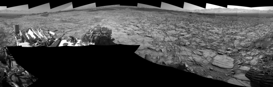 NASA's Mars rover Curiosity took 17 images in Gale Crater using its mast-mounted Left Navigation Camera (Navcam) to create this mosaic. The seam-corrected mosaic provides a 360-degree cylindrical-perspective projection panorama of the Martian surface suitable for stereo viewing, centered at 348 degrees azimuth (measured clockwise from north). This single-eye view must be combined with the partner right image to be viewed in stereo.  Curiosity took the images on November 18, 2015, Sol 1167 of the Mars Science Laboratory mission at drive 0, site number 51. The local mean solar time for the image exposures was from 2 PM to 3 PM. Each Navcam image has a 45-degree field of view. CREDIT: NASA/JPL-Caltech