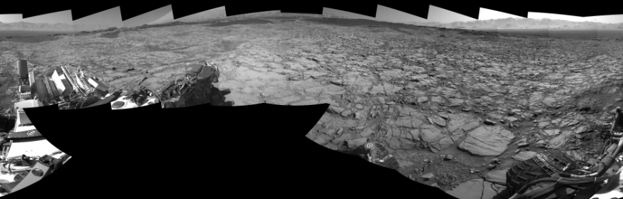 NASA's Mars rover Curiosity took 17 images in Gale Crater using its mast-mounted Right Navigation Camera (Navcam) to create this mosaic. The seam-corrected mosaic provides a 360-degree cylindrical-perspective projection panorama of the Martian surface suitable for stereo viewing, centered at 344 degrees azimuth (measured clockwise from north). This single-eye view must be combined with the partner left image to be viewed in stereo. Curiosity took the images on November 18, 2015, Sol 1167 of the Mars Science Laboratory mission at drive 0, site number 51. The local mean solar time for the image exposures was from 2 PM to 3 PM. Each Navcam image has a 45-degree field of view. CREDIT: NASA/JPL-Caltech