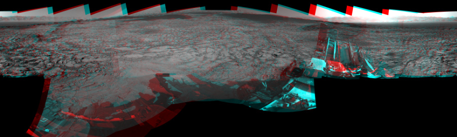 NASA's Mars rover Curiosity took 19 image pairs in Gale Crater using its mast-mounted Navigation Camera (Navcam) to create this mosaic. The seam-corrected mosaic provides a 360-degree cylindrical perspective projection panorama of the Martian surface suitable for stereo viewing, centered at 105 degrees azimuth (measured clockwise from north). This anaglyph must be viewed with red/blue glasses (red over left eye).  Curiosity took the images on November 19, 2015, Sol 1168 of the Mars Science Laboratory mission at drive 268, site number 51. The local mean solar time for the image exposures was from 2 PM to 4 PM. Each Navcam image has a 45-degree field of view. CREDIT: NASA/JPL-Caltech
