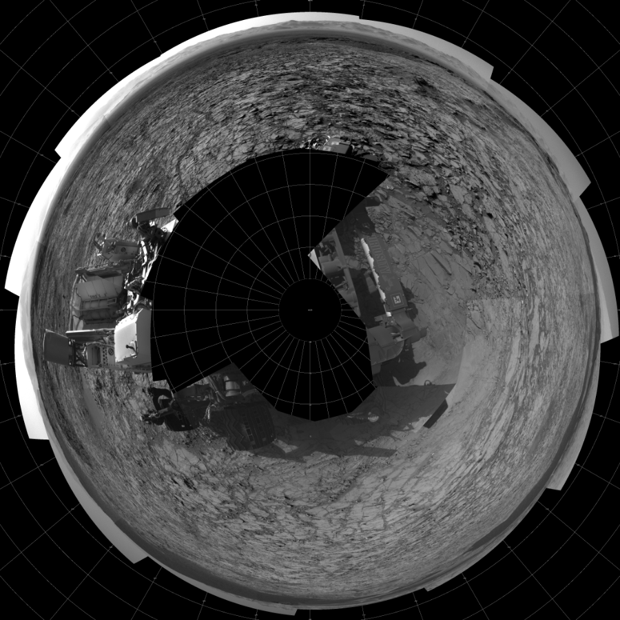 NASA's Mars rover Curiosity took 19 images in Gale Crater using its mast-mounted Left Navigation Camera (Navcam) to create this mosaic. The seam-corrected mosaic provides a polar stereographic projection panorama of the Martian surface with 0 degrees azimuth (measured clockwise from north) at the top of the image. Curiosity took the images on November 19, 2015, Sol 1168 of the Mars Science Laboratory mission at drive 268, site number 51. The local mean solar time for the image exposures was from 2 PM to 4 PM. Each Navcam image has a 45-degree field of view. CREDIT: NASA/JPL-Caltech