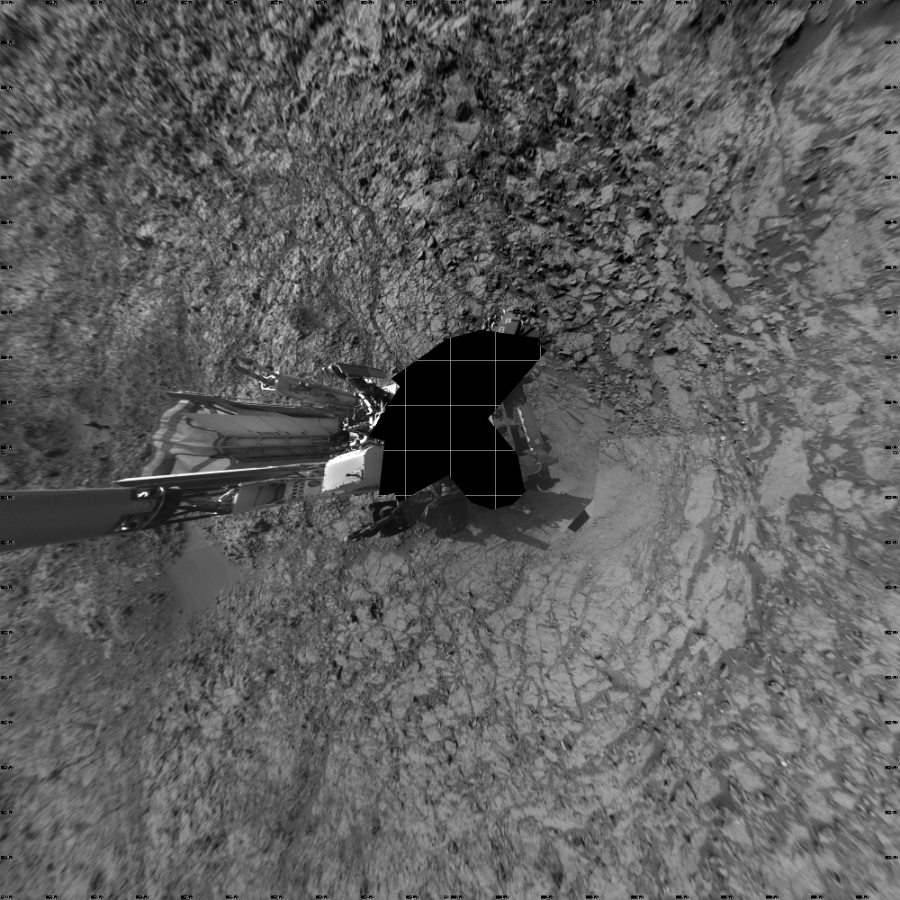 NASA's Mars rover Curiosity took 19 images in Gale Crater using its mast-mounted Left Navigation Camera (Navcam) to create this mosaic. The seam-corrected mosaic provides a vertical projection of the Martian surface near the rover, covering an area of 20 meters (north/south) by 20 meters (east/west). North is up in the image. This projection provides an overhead view, but introduces distortion for items not on the surface, such as large rocks and the rover itself.  Curiosity took the images on November 19, 2015, Sol 1168 of the Mars Science Laboratory mission at drive 268, site number 51. The local mean solar time for the image exposures was from 2 PM to 4 PM. Each Navcam image has a 45-degree field of view. CREDIT: NASA/JPL-Caltech