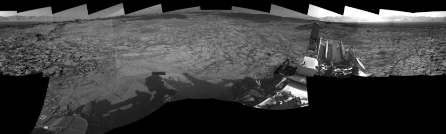 NASA's Mars rover Curiosity took 19 images in Gale Crater using its mast-mounted Right Navigation Camera (Navcam) to create this mosaic. The seam-corrected mosaic provides a 0-degree cylindrical-perspective projection panorama of the Martian surface suitable for stereo viewing, centered at 280 degrees azimuth (measured clockwise from north). This single-eye view must be combined with the partner left image to be viewed in stereo. Curiosity took the images on November 19, 2015, Sol 1168 of the Mars Science Laboratory mission at drive 268, site number 51. The local mean solar time for the image exposures was from 2 PM to 4 PM. Each Navcam image has a 45-degree field of view. CREDIT: NASA/JPL-Caltech