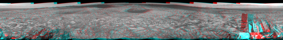 NASA's Mars rover Curiosity took 12 image pairs in Gale Crater using its mast-mounted Navigation Camera (Navcam) to create this mosaic. The seam-corrected mosaic provides a 360-degree cylindrical perspective projection panorama of the Martian surface suitable for stereo viewing, centered at 49 degrees azimuth (measured clockwise from north). This anaglyph must be viewed with red/blue glasses (red over left eye). Curiosity took the images on November 23, 2015, Sol 1172 of the Mars Science Laboratory mission at drive 592, site number 51. The local mean solar time for the image exposures was 1 PM. Each Navcam image has a 45-degree field of view. CREDIT: NASA/JPL-Caltech