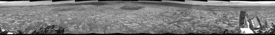 NASA's Mars rover Curiosity took 12 images in Gale Crater using its mast-mounted Left Navigation Camera (Navcam) to create this mosaic. The seam-corrected mosaic provides a 360-degree cylindrical projection panorama of the Martian surface centered at 180 degrees azimuth (measured clockwise from north). Curiosity took the images on November 23, 2015, Sol 1172 of the Mars Science Laboratory mission at drive 592, site number 51. The local mean solar time for the image exposures was 1 PM. Each Navcam image has a 45 degree field of view. CREDIT: NASA/JPL-Caltech