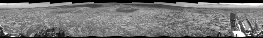 NASA's Mars rover Curiosity took 12 images in Gale Crater using its mast-mounted Left Navigation Camera (Navcam) to create this mosaic. The seam-corrected mosaic provides a 360-degree cylindrical-perspective projection panorama of the Martian surface suitable for stereo viewing, centered at 49 degrees azimuth (measured clockwise from north). This single-eye view must be combined with the partner right image to be viewed in stereo.  Curiosity took the images on November 23, 2015, Sol 1172 of the Mars Science Laboratory mission at drive 592, site number 51. The local mean solar time for the image exposures was 1 PM. Each Navcam image has a 45-degree field of view. CREDIT: NASA/JPL-Caltech