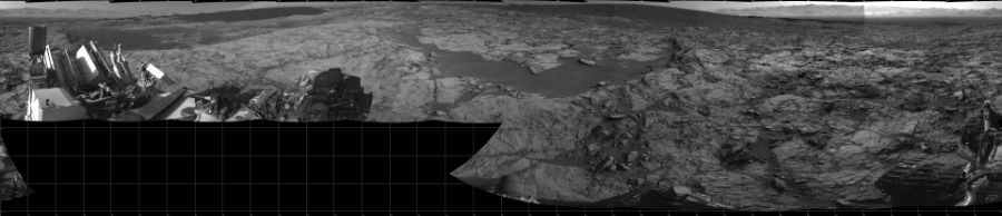 NASA's Mars rover Curiosity took 17 images in Gale Crater using its mast-mounted Left Navigation Camera (Navcam) to create this mosaic. The seam-corrected mosaic provides a 360-degree cylindrical projection panorama of the Martian surface centered at 180 degrees azimuth (measured clockwise from north). Curiosity took the images on November 24, 2015, Sol 1173 of the Mars Science Laboratory mission at drive 874, site number 51. The local mean solar time for the image exposures was from 2 PM to 4 PM. Each Navcam image has a 45 degree field of view. CREDIT: NASA/JPL-Caltech