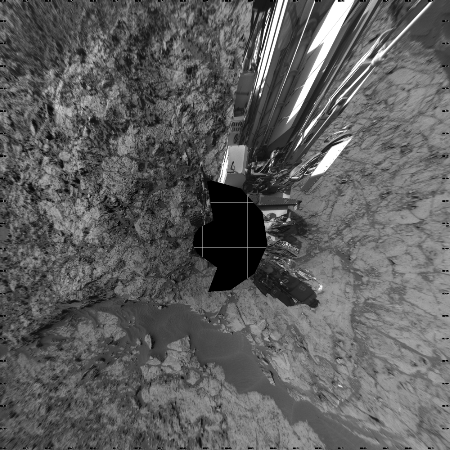 NASA's Mars rover Curiosity took 17 images in Gale Crater using its mast-mounted Left Navigation Camera (Navcam) to create this mosaic. The seam-corrected mosaic provides a vertical projection of the Martian surface near the rover, covering an area of 20 meters (north/south) by 20 meters (east/west). North is up in the image. This projection provides an overhead view, but introduces distortion for items not on the surface, such as large rocks and the rover itself.  Curiosity took the images on November 24, 2015, Sol 1173 of the Mars Science Laboratory mission at drive 874, site number 51. The local mean solar time for the image exposures was from 2 PM to 4 PM. Each Navcam image has a 45-degree field of view. CREDIT: NASA/JPL-Caltech