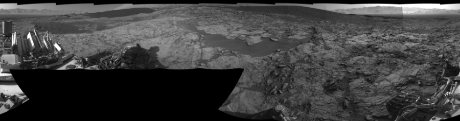 NASA's Mars rover Curiosity took 17 images in Gale Crater using its mast-mounted Right Navigation Camera (Navcam) to create this mosaic. The seam-corrected mosaic provides a 0-degree cylindrical-perspective projection panorama of the Martian surface suitable for stereo viewing, centered at 170 degrees azimuth (measured clockwise from north). This single-eye view must be combined with the partner left image to be viewed in stereo.  Curiosity took the images on November 24, 2015, Sol 1173 of the Mars Science Laboratory mission at drive 874, site number 51. The local mean solar time for the image exposures was from 2 PM to 4 PM. Each Navcam image has a 45-degree field of view. CREDIT: NASA/JPL-Caltech