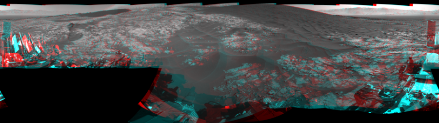 NASA's Mars rover Curiosity took 19 image pairs in Gale Crater using its mast-mounted Navigation Camera (Navcam) to create this mosaic. The seam-corrected mosaic provides a 360-degree cylindrical perspective projection panorama of the Martian surface suitable for stereo viewing, centered at 3 degrees azimuth (measured clockwise from north). This anaglyph must be viewed with red/blue glasses (red over left eye).  Curiosity took the images on November 25, 2015, Sol 1174 of the Mars Science Laboratory mission at drive 1102, site number 51. The local mean solar time for the image exposures was 2 PM. Each Navcam image has a 45-degree field of view. CREDIT: NASA/JPL-Caltech