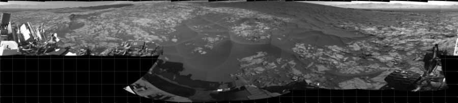 NASA's Mars rover Curiosity took 19 images in Gale Crater using its mast-mounted Left Navigation Camera (Navcam) to create this mosaic. The seam-corrected mosaic provides a 360-degree cylindrical projection panorama of the Martian surface centered at 180 degrees azimuth (measured clockwise from north). Curiosity took the images on November 25, 2015, Sol 1174 of the Mars Science Laboratory mission at drive 1102, site number 51. The local mean solar time for the image exposures was 2 PM. Each Navcam image has a 45 degree field of view. CREDIT: NASA/JPL-Caltech