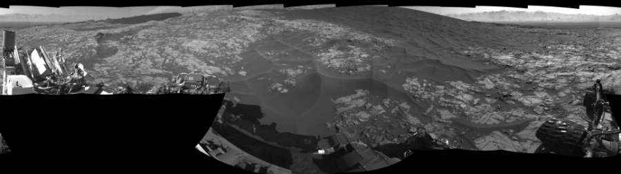 NASA's Mars rover Curiosity took 19 images in Gale Crater using its mast-mounted Left Navigation Camera (Navcam) to create this mosaic. The seam-corrected mosaic provides a 360-degree cylindrical-perspective projection panorama of the Martian surface suitable for stereo viewing, centered at 3 degrees azimuth (measured clockwise from north). This single-eye view must be combined with the partner right image to be viewed in stereo.  Curiosity took the images on November 25, 2015, Sol 1174 of the Mars Science Laboratory mission at drive 1102, site number 51. The local mean solar time for the image exposures was 2 PM. Each Navcam image has a 45-degree field of view. CREDIT: NASA/JPL-Caltech