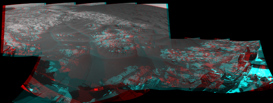 NASA's Mars rover Curiosity took 12 image pairs in Gale Crater using its mast-mounted Navigation Camera (Navcam) to create this mosaic. The seam-corrected mosaic provides a 269-degree cylindrical perspective projection panorama of the Martian surface suitable for stereo viewing, centered at 50 degrees azimuth (measured clockwise from north). This anaglyph must be viewed with red/blue glasses (red over left eye).  Curiosity took the images on December 01, 2015, Sol 1179 of the Mars Science Laboratory mission at drive 1126, site number 51. The local mean solar time for the image exposures was 2 PM. Each Navcam image has a 45-degree field of view. CREDIT: NASA/JPL-Caltech