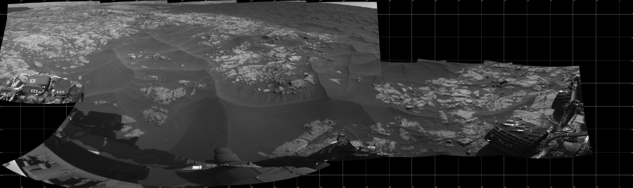 NASA's Mars rover Curiosity took 12 images in Gale Crater using its mast-mounted Left Navigation Camera (Navcam) to create this mosaic. The seam-corrected mosaic provides a 275-degree cylindrical projection panorama of the Martian surface centered at 229 degrees azimuth (measured clockwise from north). Curiosity took the images on December 01, 2015, Sol 1179 of the Mars Science Laboratory mission at drive 1126, site number 51. The local mean solar time for the image exposures was 2 PM. Each Navcam image has a 45 degree field of view. CREDIT: NASA/JPL-Caltech