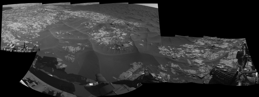 NASA's Mars rover Curiosity took 12 images in Gale Crater using its mast-mounted Left Navigation Camera (Navcam) to create this mosaic. The seam-corrected mosaic provides a 269-degree cylindrical-perspective projection panorama of the Martian surface suitable for stereo viewing, centered at 50 degrees azimuth (measured clockwise from north). This single-eye view must be combined with the partner right image to be viewed in stereo.  Curiosity took the images on December 01, 2015, Sol 1179 of the Mars Science Laboratory mission at drive 1126, site number 51. The local mean solar time for the image exposures was 2 PM. Each Navcam image has a 45-degree field of view. CREDIT: NASA/JPL-Caltech