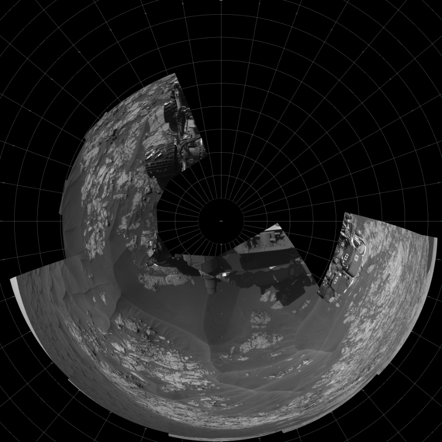 NASA's Mars rover Curiosity took 12 images in Gale Crater using its mast-mounted Left Navigation Camera (Navcam) to create this mosaic. The seam-corrected mosaic provides a polar stereographic projection panorama of the Martian surface with 0 degrees azimuth (measured clockwise from north) at the top of the image. Curiosity took the images on December 01, 2015, Sol 1179 of the Mars Science Laboratory mission at drive 1126, site number 51. The local mean solar time for the image exposures was 2 PM. Each Navcam image has a 45-degree field of view. CREDIT: NASA/JPL-Caltech