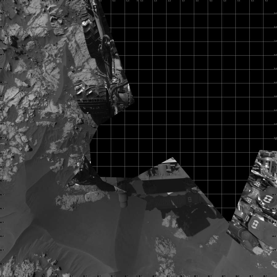 NASA's Mars rover Curiosity took 12 images in Gale Crater using its mast-mounted Left Navigation Camera (Navcam) to create this mosaic. The seam-corrected mosaic provides a vertical projection of the Martian surface near the rover, covering an area of 20 meters (north/south) by 20 meters (east/west). North is up in the image. This projection provides an overhead view, but introduces distortion for items not on the surface, such as large rocks and the rover itself.  Curiosity took the images on December 01, 2015, Sol 1179 of the Mars Science Laboratory mission at drive 1126, site number 51. The local mean solar time for the image exposures was 2 PM. Each Navcam image has a 45-degree field of view. CREDIT: NASA/JPL-Caltech