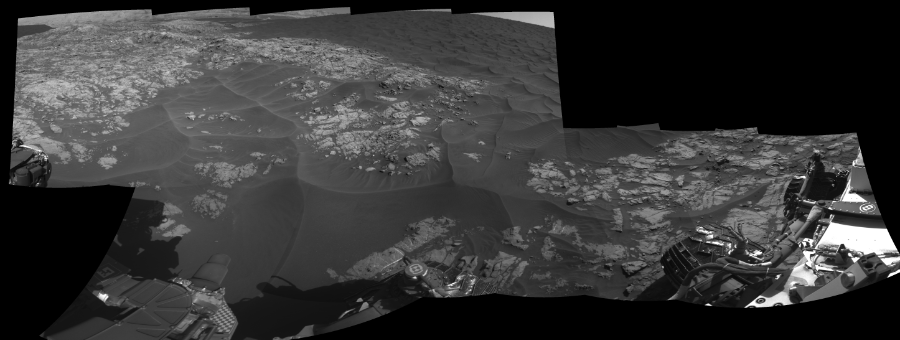 NASA's Mars rover Curiosity took 12 images in Gale Crater using its mast-mounted Right Navigation Camera (Navcam) to create this mosaic. The seam-corrected mosaic provides a 269-degree cylindrical-perspective projection panorama of the Martian surface suitable for stereo viewing, centered at 48 degrees azimuth (measured clockwise from north). This single-eye view must be combined with the partner left image to be viewed in stereo.  Curiosity took the images on December 01, 2015, Sol 1179 of the Mars Science Laboratory mission at drive 1126, site number 51. The local mean solar time for the image exposures was 2 PM. Each Navcam image has a 45-degree field of view. CREDIT: NASA/JPL-Caltech