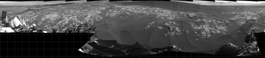 NASA's Mars rover Curiosity took 19 images in Gale Crater using its mast-mounted Left Navigation Camera (Navcam) to create this mosaic. The seam-corrected mosaic provides a 360-degree cylindrical projection panorama of the Martian surface centered at 180 degrees azimuth (measured clockwise from north). Curiosity took the images on December 03, 2015, Sol 1181 of the Mars Science Laboratory mission at drive 1298, site number 51. The local mean solar time for the image exposures was 1 PM. Each Navcam image has a 45 degree field of view. CREDIT: NASA/JPL-Caltech