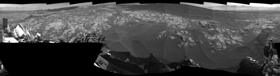 NASA's Mars rover Curiosity took 19 images in Gale Crater using its mast-mounted Left Navigation Camera (Navcam) to create this mosaic. The seam-corrected mosaic provides a 360-degree cylindrical-perspective projection panorama of the Martian surface suitable for stereo viewing, centered at 2 degrees azimuth (measured clockwise from north). This single-eye view must be combined with the partner right image to be viewed in stereo.  Curiosity took the images on December 03, 2015, Sol 1181 of the Mars Science Laboratory mission at drive 1298, site number 51. The local mean solar time for the image exposures was 1 PM. Each Navcam image has a 45-degree field of view. CREDIT: NASA/JPL-Caltech