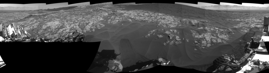 NASA's Mars rover Curiosity took 19 images in Gale Crater using its mast-mounted Right Navigation Camera (Navcam) to create this mosaic. The seam-corrected mosaic provides a 0-degree cylindrical-perspective projection panorama of the Martian surface suitable for stereo viewing, centered at 179 degrees azimuth (measured clockwise from north). This single-eye view must be combined with the partner left image to be viewed in stereo.  Curiosity took the images on December 03, 2015, Sol 1181 of the Mars Science Laboratory mission at drive 1298, site number 51. The local mean solar time for the image exposures was 1 PM. Each Navcam image has a 45-degree field of view. CREDIT: NASA/JPL-Caltech