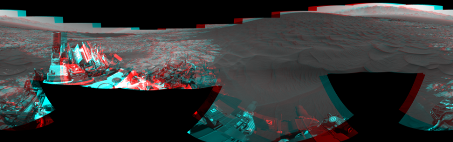 NASA's Mars rover Curiosity took 15 image pairs in Gale Crater using its mast-mounted Navigation Camera (Navcam) to create this mosaic. The seam-corrected mosaic provides a 360-degree cylindrical perspective projection panorama of the Martian surface suitable for stereo viewing, centered at 318 degrees azimuth (measured clockwise from north). This anaglyph must be viewed with red/blue glasses (red over left eye).  Curiosity took the images on December 05, 2015, Sol 1183 of the Mars Science Laboratory mission at drive 1430, site number 51. The local mean solar time for the image exposures was 2 PM. Each Navcam image has a 45-degree field of view. CREDIT: NASA/JPL-Caltech