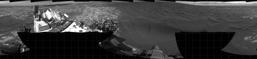 NASA's Mars rover Curiosity took 15 images in Gale Crater using its mast-mounted Left Navigation Camera (Navcam) to create this mosaic. The seam-corrected mosaic provides a 360-degree cylindrical projection panorama of the Martian surface centered at 180 degrees azimuth (measured clockwise from north). Curiosity took the images on December 05, 2015, Sol 1183 of the Mars Science Laboratory mission at drive 1430, site number 51. The local mean solar time for the image exposures was 2 PM. Each Navcam image has a 45 degree field of view. CREDIT: NASA/JPL-Caltech