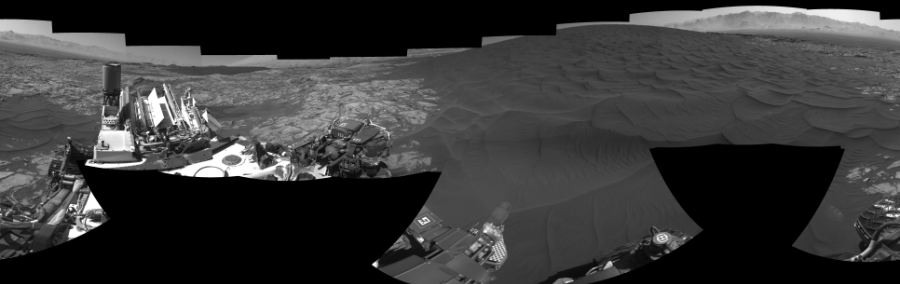 NASA's Mars rover Curiosity took 15 images in Gale Crater using its mast-mounted Right Navigation Camera (Navcam) to create this mosaic. The seam-corrected mosaic provides a 0-degree cylindrical-perspective projection panorama of the Martian surface suitable for stereo viewing, centered at 131 degrees azimuth (measured clockwise from north). This single-eye view must be combined with the partner left image to be viewed in stereo.  Curiosity took the images on December 05, 2015, Sol 1183 of the Mars Science Laboratory mission at drive 1430, site number 51. The local mean solar time for the image exposures was 2 PM. Each Navcam image has a 45-degree field of view. CREDIT: NASA/JPL-Caltech