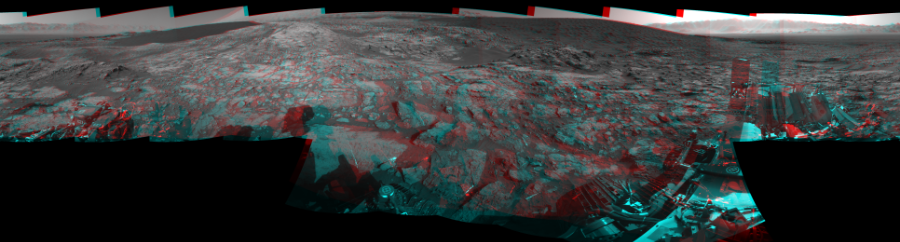 NASA's Mars rover Curiosity took 17 image pairs in Gale Crater using its mast-mounted Navigation Camera (Navcam) to create this mosaic. The seam-corrected mosaic provides a 360-degree cylindrical perspective projection panorama of the Martian surface suitable for stereo viewing, centered at 61 degrees azimuth (measured clockwise from north). This anaglyph must be viewed with red/blue glasses (red over left eye).  Curiosity took the images on December 07, 2015, Sol 1185 of the Mars Science Laboratory mission at drive 1800, site number 51. The local mean solar time for the image exposures was 3 PM. Each Navcam image has a 45-degree field of view. CREDIT: NASA/JPL-Caltech