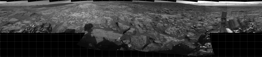 NASA's Mars rover Curiosity took 17 images in Gale Crater using its mast-mounted Left Navigation Camera (Navcam) to create this mosaic. The seam-corrected mosaic provides a 360-degree cylindrical projection panorama of the Martian surface centered at 180 degrees azimuth (measured clockwise from north). Curiosity took the images on December 07, 2015, Sol 1185 of the Mars Science Laboratory mission at drive 1800, site number 51. The local mean solar time for the image exposures was 3 PM. Each Navcam image has a 45 degree field of view. CREDIT: NASA/JPL-Caltech